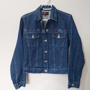 President Stone Denim Jacket Women’s  Boho Aztec Embroidery Dark Wash, Size M